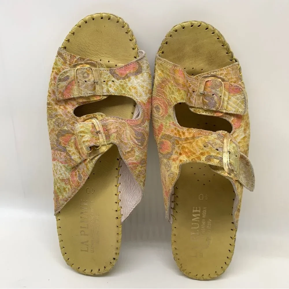 La Plume Floral Leather Yellow Slip on  Made in Italy Sandals Size 9 EUR 40 - Picture 9 of 13